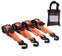 Mytee Products 4 Pack Orange Auto Retract NO-RATCHETING Ratchet Straps | 1" x 12' Retractable Ratchet Straps with Zinc Coated S Hook Tiedowns for Motorcycles, ATVs, Bikes, Trailer Tie-Down