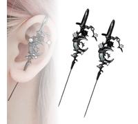 Myth of the Moon Ear Hook Needle Piercing Earring, Goth Climber Crawler Earrings, Vintage Punk Moon Wrap Earrings Jewelry Accessory Present for Women Wife (2pcs Black)