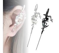 Myth of the Moon Ear Hook Needle Piercing Earring, Goth Climber Crawler Earrings, Vintage Punk Moon Wrap Earrings Jewelry Accessory Present for Women Wife (Black+Silvery)