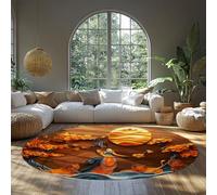 Mythic Fairy Lions Sunset Vintage Round Rugs for Dorm Washable Circle Rug Non Slip Small Boho Low Pile Circular Carpet for Bedroom Entryway Nursery Dorm Kitchen Burnt Orange/Brown/Gold 240cm