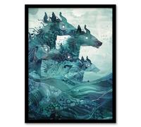 Mythical Sea Kelpies Riding Waves Artwork Blue Framed Art Print Artery8 Blue W12 inch x H16 inch