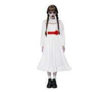 Mythloom Scary Doll Anna Costume for Adults, Women Horror Doll Long White Dress with Waistband, Scary Ghost Role Play Movie Costume Halloween Outfits