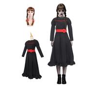Mythloom Scary Doll Anna Costume for Kids, Girls Horror Doll Long Dress with Waistband Wig Full Set, Scary Ghost Role Play Movie Costume Halloween Outfits