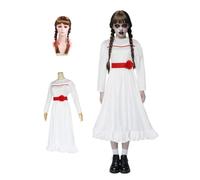 Mythloom Scary Doll Anna Costume for Kids, Girls Horror Doll Long White Dress with Waistband Wig Full Set, Scary Ghost Role Play Movie Costume Halloween Outfits
