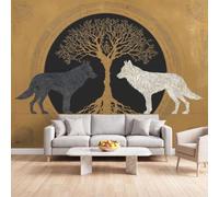 Mythology Classical Dark Photo Wallpaper 250 x 175 cm | Wall Mural Decorative Background Twin Wolves Golden Tree Of Life for Living room Bedroom Kitchen Office Kids Room