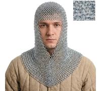 Mythrojan Chainmail Coif Medieval Knight Renaissance Armor Chain Mail Hood Viking LARP 10mm 16 Gauge Viking Warrior Armor Replica Costume - Silver, Small