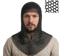 Mythrojan Chainmail Coif Medieval Knight Renaissance Armor Chain Mail Hood Viking LARP 10mm 16Gauge Viking Knight Warrior Armour Costume Replica - Black, Large