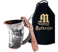 Mythrojan Hot Horn Mug Tankard with Leather Strap Safely Holds Hot and Cold Liquids Coffee Hot Chocolate Wine Beer Mead 300ML