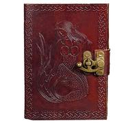 Mythrojan Leather Journal Medieval Handmade Mermaid Embossed Vintage Leather Bound Diary with Brass Lock, Antique Deckle Edge Drawing Sketchbook for Traveller, Men, Women, Gift - Brown