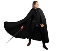 Mythrojan Medieval Canvas Cloak Adventurer with 100% Cotton Cape, Hooded Cape for Cosplay, Renfair, Medieval Events, Viking Costume -Black, Large