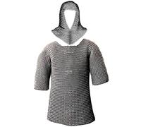 Mythrojan Medieval Chainmail Shirt with Coif Armor Set, Viking Knight 10mm 16-gauge Mild Steel Armour Costume, Medieval Renaissance Costume for Historical Reenactments, Cosplay - Silver, Large