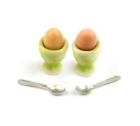 MyTinyWorld 2 Dolls House Miniature Eggs in Green Ceramic Egg Cups With Spoons