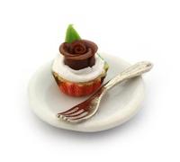 MyTinyWorld 2 x Miniature Chocolate Rose Cupcake In An Orange Cup On A Plate With A Forks