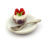 MyTinyWorld 2 x Miniature Strawberry Cream Cupcake In A Violet Paper Cup On A Plate With A Forks