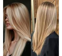 mytonecoo Blonde with Brown Reflections Front Wig Lace Straight for Women Highlighted Brown Faux Lace Pre Drawn Wig without Glue