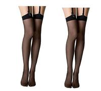 Mytoptrendz® 2 Pair Womens Stockings Plain Top Sheer for Suspender Belt (UK, Alpha, L, Regular, Regular, Black)