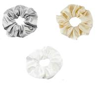 Mytoptrendz® 3 Pcs- Plain Large Hair Scrunchies for Women Soft Satin Hair Ties for Girls Ponytail/Messy Bun Up Do Holder No Damage Elastic Bobble Assorted Colours (White, Champagne, Silver)