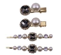 Mytoptrendz®4 PCS Emerald Cut Vintage Crystal & Pearl Gold Bobby Pins Decorative Hair Slides Clips Prom Party Bridal Wedding Hair Accessories for Women and Girls (Smoky Black/Grey- Pearl)