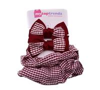 Mytoptrendz® Girls Gingham Hair Accessories 4 pcs Set - 2pcs Scrunchies Hair Ties Ponytail Holders and 2Pcs Bow On Alligator Pinch Hair Clip for Fashion and School Essential Everyday (Burgundy)