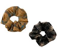 Mytoptrendz® Set of 2 Luxury Nova Check Tartan Hair Scrunchie - Soft Satin Elastic Ponytail Holder for Women & Girls (Mustard & Black-Beige plaid)