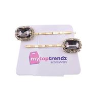 Mytoptrendz® Set of 2 Pcs Emerald Cut Gem Crystal Hair Slides on Gold Metal Bobby Pins,Sparkly Decorative Hair Grips for Women Girls Prom Party, Wedding (Grey)