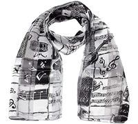 Mytoptrendz® -Women's Printed Music Scarf Musical Notes Lightweight Neck Wrap Soft Silky Satin Stripe (White- Black Notsand Insturment)