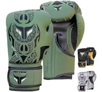 Mytra Fusion Boxing Gloves for Men & Women - Tribal Power Edition, Training, Punching, MMA, Muay Thai, Kickboxing & Sparring Gloves with Grip, Air Vents & Hook & Loop Strap (Olive Green, 14-oz)