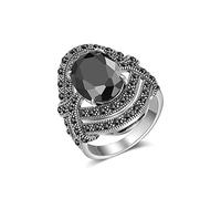 Mytys Black Onyx Stone Rings for Women Marcasite Vintage Cocktail Statement Rings Silver Chunky Crystal Antique Retro for victorians Jewelry Gift, 6 UK, Metal, Agate