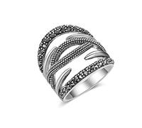 Mytys Black Onyx Stone Rings for Women Marcasite Vintage Cocktail Statement Rings Silver Chunky Crystal Antique Retro for victorians Jewelry Gift, 5 UK, Metal, Agate
