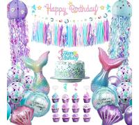 MYUPDALIN Mermaid Birthday Decorations Kit with Balloons, Happy Birthday Banner, Cake Toppers, Bubble Garland, Tassels, Hanging Jellyfish Paper Lanterns for Under the Sea Party Decor