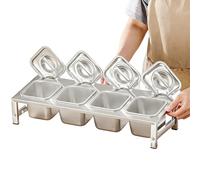 MYUYEE 2 Tier 304 Stainless Steel Pizza Topping Station With Lids & Spoons Kitchen Spice Rack Commercial Condiment Tray For Easy Access 42X34.3X9.2 15Cm(With Lid-55X18.3X9.2~12.4Cm)