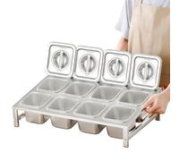 MYUYEE 2 Tier 304 Stainless Steel Pizza Topping Station With Lids & Spoons Kitchen Spice Rack Commercial Condiment Tray For Easy Access 42X34.3X9.2 15Cm(With Lid-55X34.3X 9.2~15Cm)