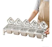 MYUYEE 2 Tier 304 Stainless Steel Pizza Topping Station With Lids & Spoons Kitchen Spice Rack Commercial Condiment Tray For Easy Access 42X34.3X9.2 15Cm(With Lid-68X18.3X9.2~12.4Cm)