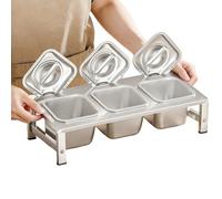 MYUYEE 2 Tier 304 Stainless Steel Pizza Topping Station With Lids & Spoons Kitchen Spice Rack Commercial Condiment Tray For Easy Access 42X34.3X9.2 15Cm(With Lid-42X18.3X9.2~12.4Cm)