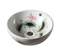 MYUYEE Bathroom Sink Round Ink Style Lotus Pattern Ceramic Bathroom Vessel Sink With Overflow, 16.9 Inch Above Counter Vanity Porcelain Countertop Sink Art Basin, White Bathroom