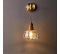MYUYEE Brass & Walnut Japanese Wall Lamp - Unique Water Pattern Glass Shade, Stylish Sconce For Bedroom & Living Room Nightstands, 20Cm Height (20Cm(H))