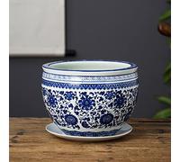 MYUYEE Chinoiserie Blue & White Ceramic With Heart Design Top Edge Potbelly Shape Fish Bowl Planter Jingdezhen Plant Pot With Drainage Hole Flowerpot Indoor Home Decor,With Holes-26cm