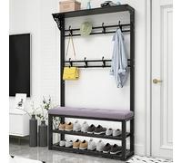 MYUYEE Coat Rack With 8 Hollow Carved Hooks And Upper Partition, Shoe Bench Shoe Rack Freestanding Clothes Rack Entryway Storage Rack Metal Frame Coat Hanger For(Black Gray-100Cm)