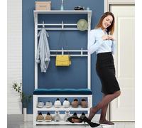 MYUYEE Coat Rack With 8 Hollow Carved Hooks And Upper Partition, Shoe Bench Shoe Rack Freestanding Clothes Rack Entryway Storage Rack Metal Frame Coat Hanger For(White Blue-100Cm)