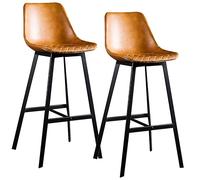 MYUYEE Metal Bar Stools With Checkered Seat Upholstered Synthetic Leather Island Stools Backrest And Footrest Set Of 4 29.6In Height Gray Counter Chairs(Brown(2Ps)-65Cm(25.6In))