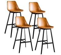 MYUYEE Metal Bar Stools With Checkered Seat Upholstered Synthetic Leather Island Stools Backrest And Footrest Set Of 4 29.6In Height Gray Counter Chairs(Brown(4Ps)-65Cm(25.6In))