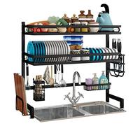 MYUYEE Over The Sink Dish Drying Rack, Adjustable Large Capacity Drying Rack, Space-Saving Dish Rack For Kitchen Counter, Multifunctional 2/3-Tier Draining Rack, Black(3Tier-92Cm)