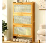 MYUYEE Shoe Cabinet Storage Hallway Bamboo Shoe Storage Cabinet, Freestanding Tipping Bucket Shoe Rack Organizer With 3 Flip Drawers,Entryway Narrow Shoe Sto(Log Color)