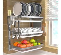 MYUYEE Stainless Steel Wall Mounted Dish Drainer Rack With Cutlery Holder Hooks And Drip Tray 3 Layer Kitchen Storage Shelf For Plates Bowls Cups Fruit And Vegetables,Multicolored3 Layer Silvery