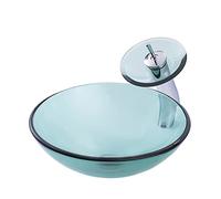 MYUYEE Tempered Glass Bathroom Vessel Sink, Vanity Sink with Faucet and Pop up Drain Combo, Cloakroom Countertop Basin Sink Above Counter,Round Single Basin,