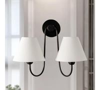 MYUYEE Vintage Wall Sconce With Linen Shade - Double Swoop Design Reading Light For Living Room & Bedroom, 17" W X 16" D X 5" H, Elegant White Shade Lighting(Black)
