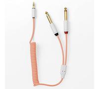 MyVolts Candycord audio cable, straight mini jack to 2 x straight large jack, curly 40cm to 50cm, Sunset Peach colour