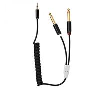 MyVolts Candycord audio cable, straight mini jack to 2 x straight large jack, curly 40cm to 50cm, Liquorice Black colour