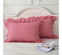 Mywinlle Red/White Plaid Pillow Shams Standard Size Set of 2,Shabby Checkered Washed Cotton Ruffle Pillow Covers-20 x26,Red/White Plaid