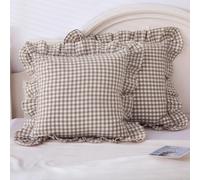 Mywinlle Taupe/White Plaid Euro Pillow Shams Ruffle Pillowcases Set of 2,Shabby Checkered Washed Cotton Pillow Covers-26 x26,Taupe/White Plaid
